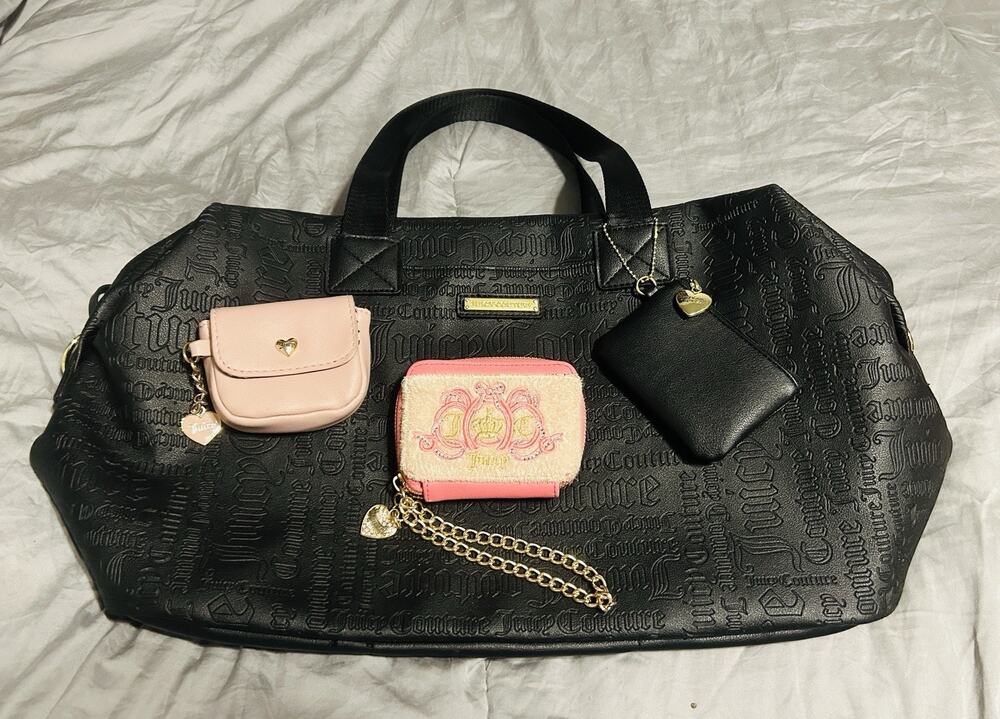 Juicy Couture Black Embossed Logo Weekender Travel Bag + 3 Accessories 4pc